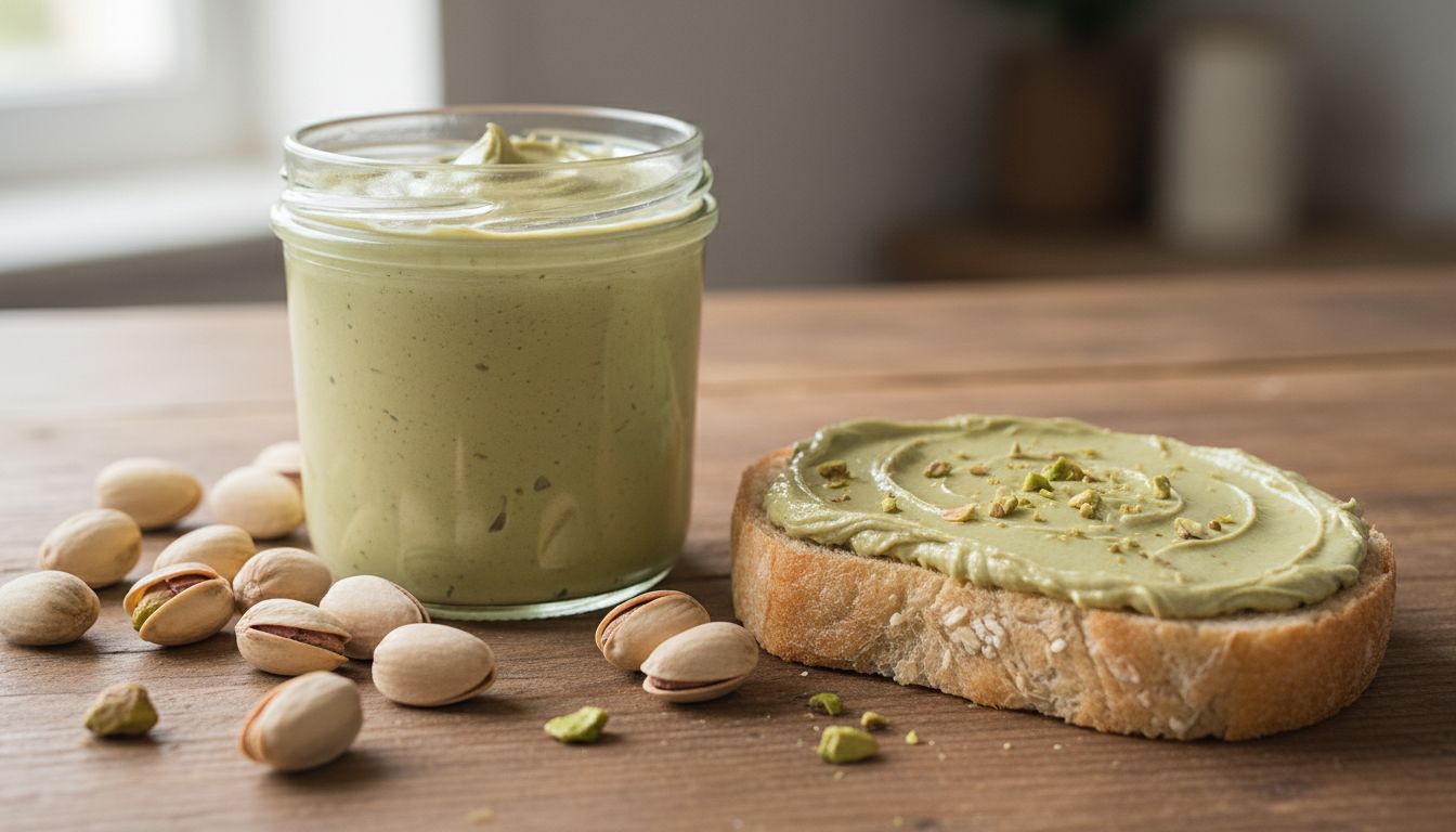 피스타치오 스프레드가 바른 빵과 신선한 피스타치오 견과류가 놓인 클로즈업 사진