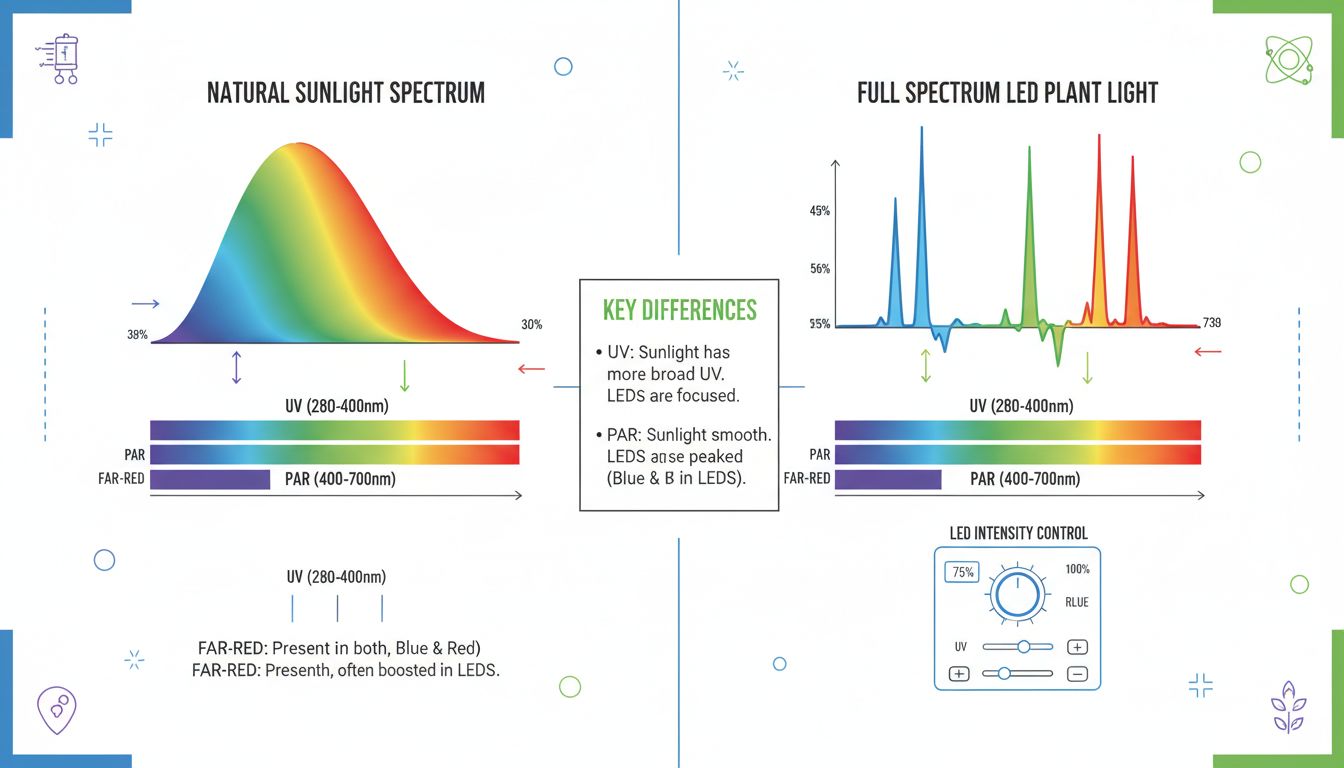자연광과 풀 스펙트럼 LED 식물등의 스펙트럼 비교, 자외선 UV와 원적색 광선, 조정 가능한 광량 컨트롤 패널을 포함한 인포그래픽