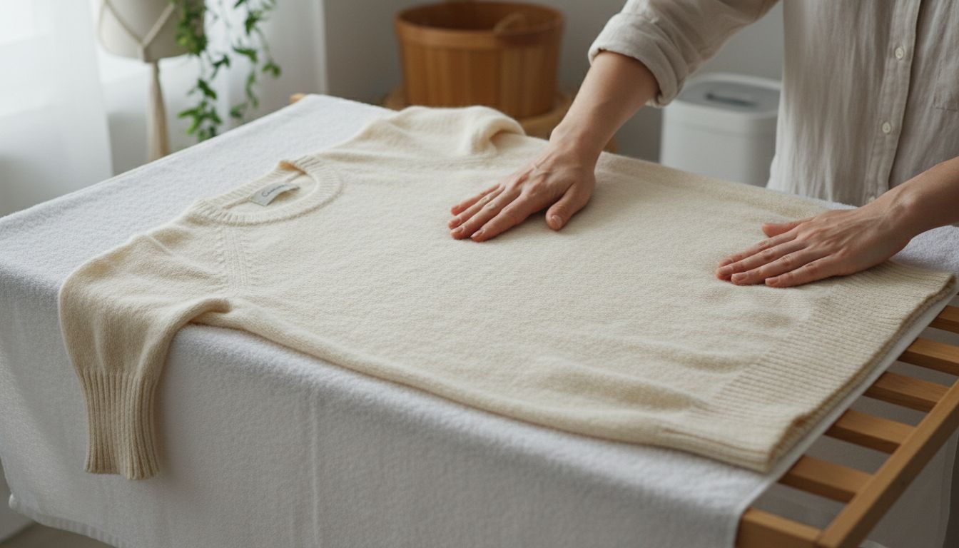 캐시미어 니트를 눕혀서 그늘에 통풍시켜 건조하는 모습의 고화질 실사 이미지