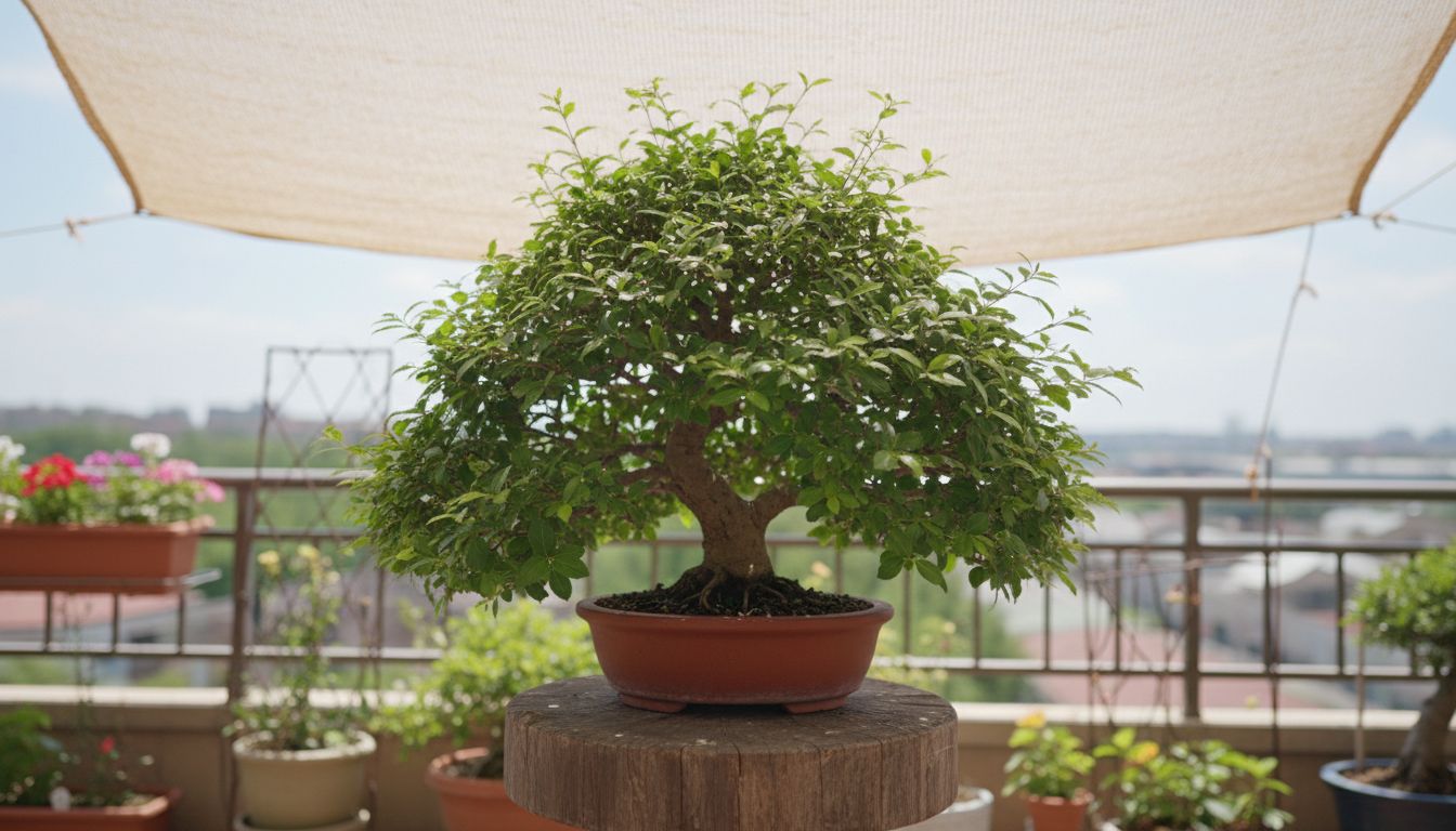 여름철 차광막 아래에서 건강하게 자라고 있는 청짜보 분재와 그늘진 밝은 베란다 모습