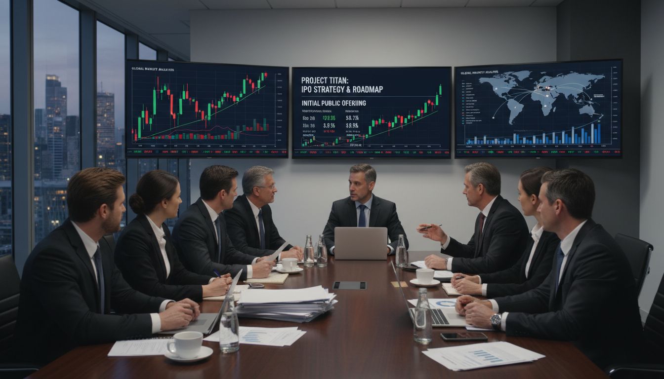 기업 공개 준비를 위해 주식시장 데이터와 재무 차트를 보며 상장 계획을 논의하는 경영진의 고화질 실사 이미지