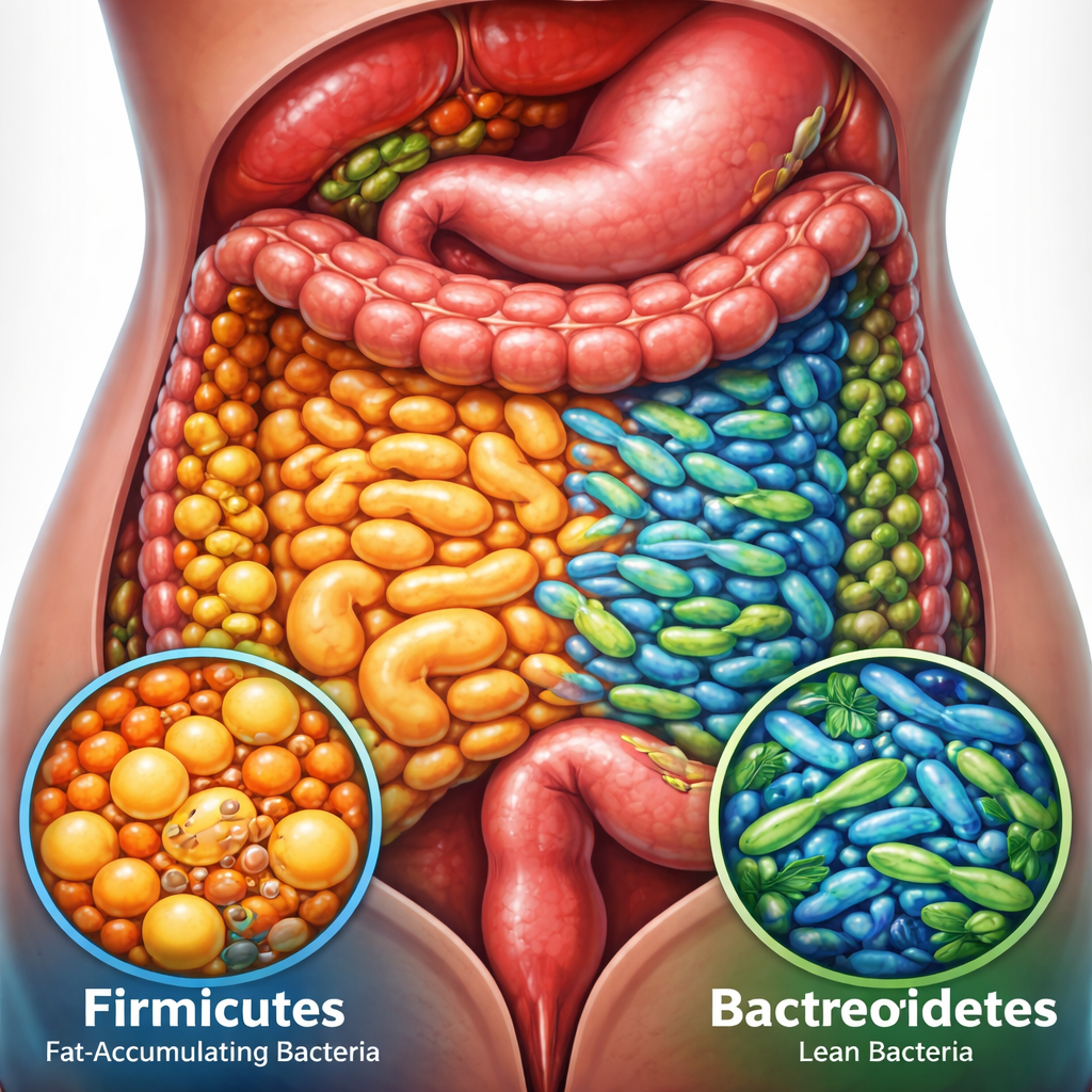 인체 소화계와 장내 미생물군을 보여주는 이미지, 두 종류의 균인 뚱보균과 날씬균을 시각적으로 구분하여 표현