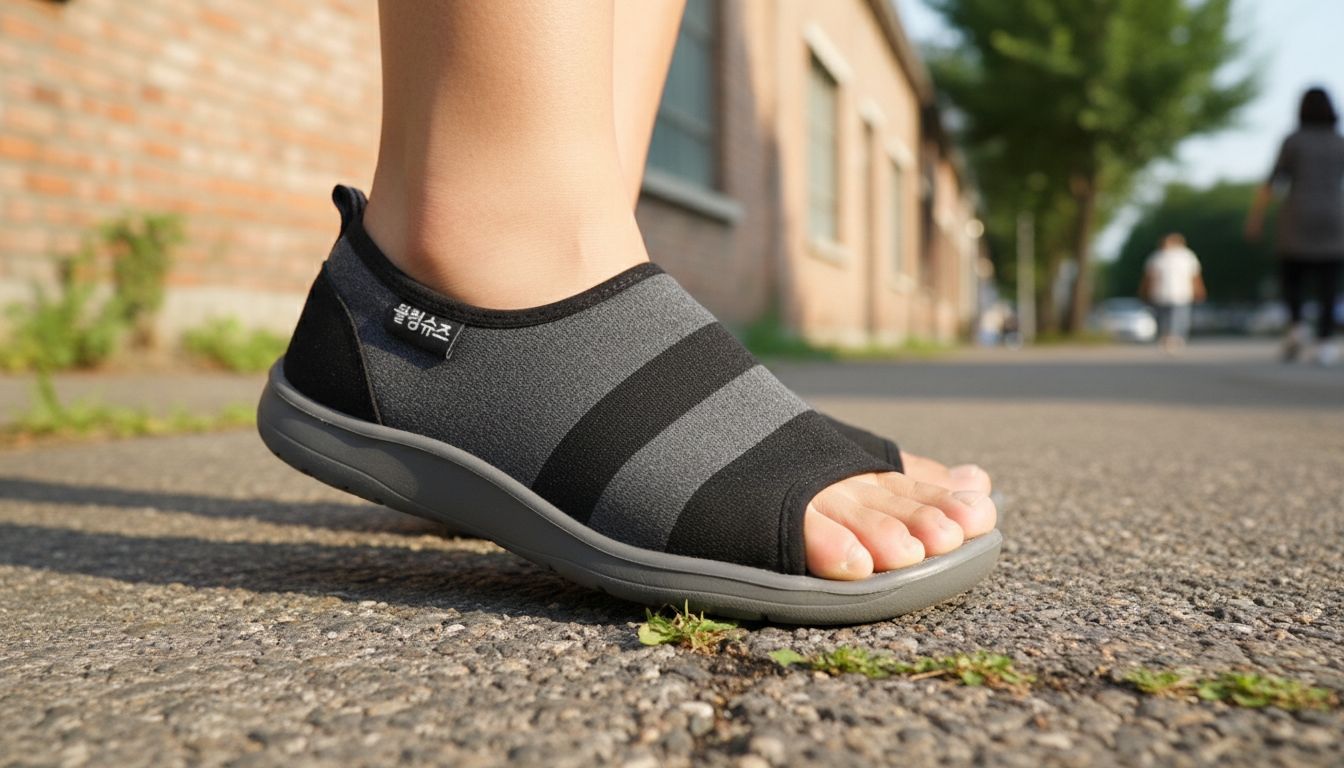 발볼 넓은 사람의 발에 맞는 물컹슈즈를 신은 모습과 편안한 착화감