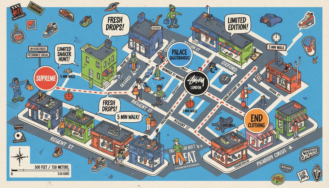 런던 소호 지역의 스트리트웨어 매장들을 연결하는 도보 동선 지도