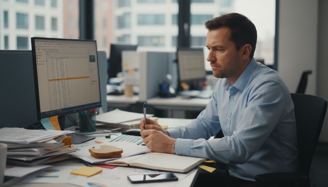 성인 ADHD 증상을 나타내는 사무실에서 일하는 성인의 모습, 산만하고 안절부절 못하는 표정과 흩어진 문서들