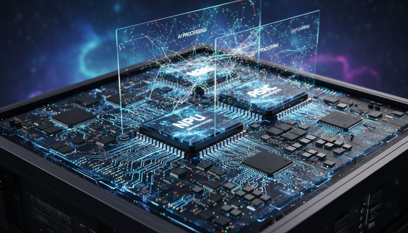 최신 AI 칩 기술인 NPU와 ASIC이 탑재된 미래형 반도체 회로 기판과 AI 신경망이 hologram으로 표현된 이미지