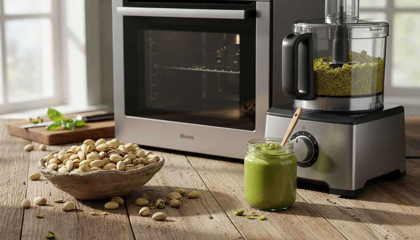 신선한 생 껍질 깐 무염 피스타치오와 홈메이드 스프레드 준비를 위한 주방 도구가 놓인 주방 조리대