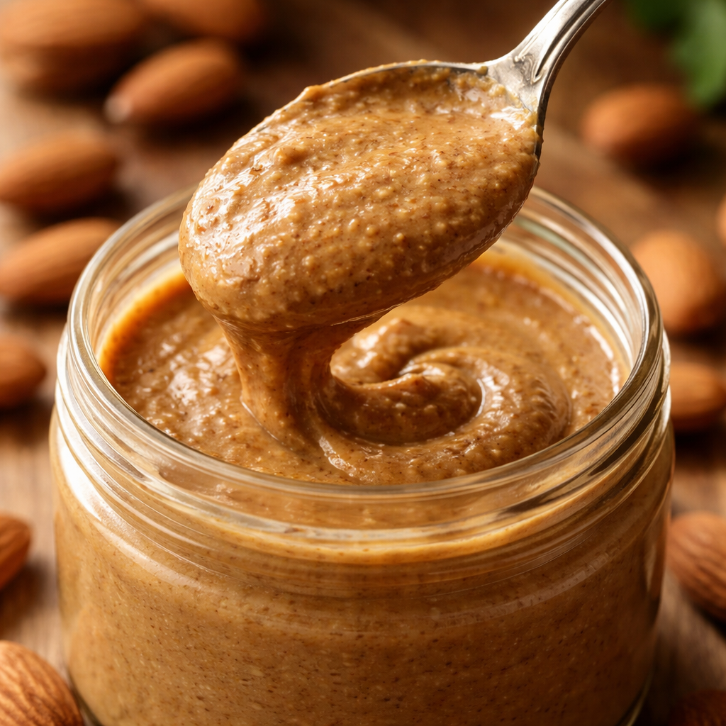 아몬드버터 한 스푼과 주변에 놓인 아몬드가 보이는 고화질 실사 이미지