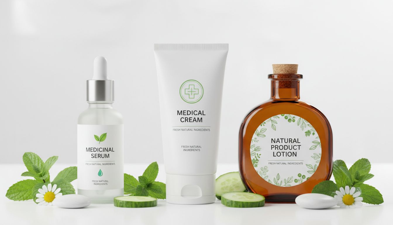 의약외품, 세럼, 의료기기 등 서로 다른 쥐젖 제거 크림 제품 3종을 표현한 고화질 제품 사진