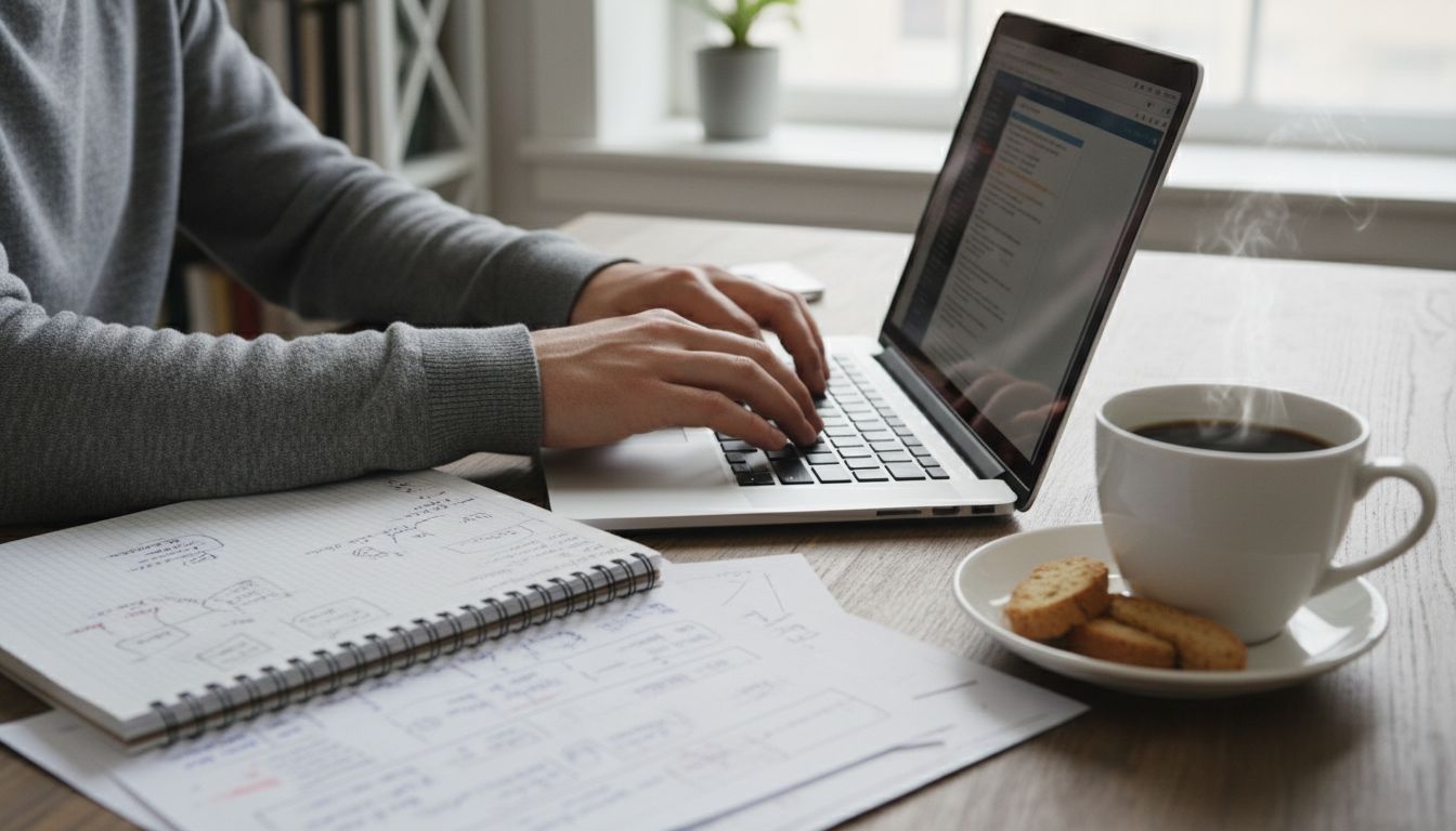 컴퓨터 앞에서 상세한 블로그 콘텐츠를 작성하는 사람의 모습