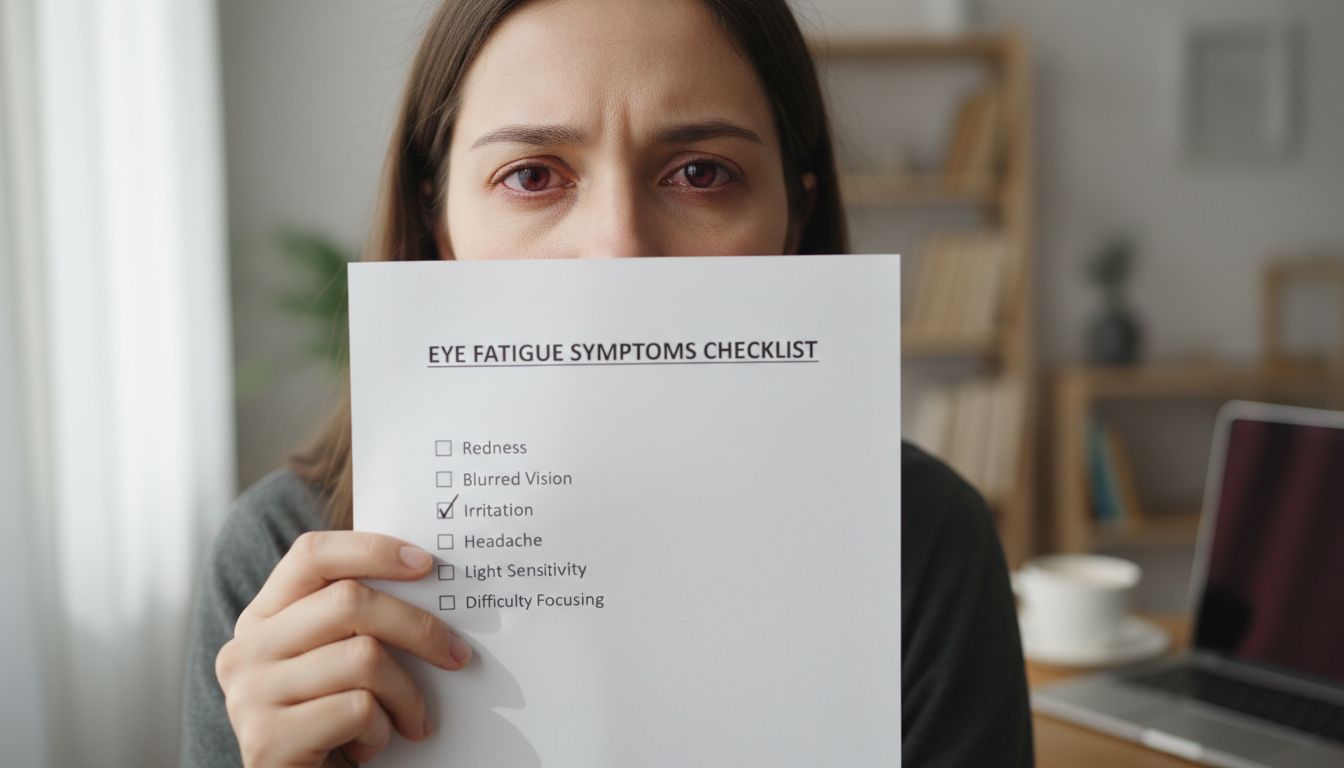 눈 피로 증상 자가 진단 체크리스트를 읽으며 눈이 피곤하고 붉고 흐릿하게 보이는 사람의 모습