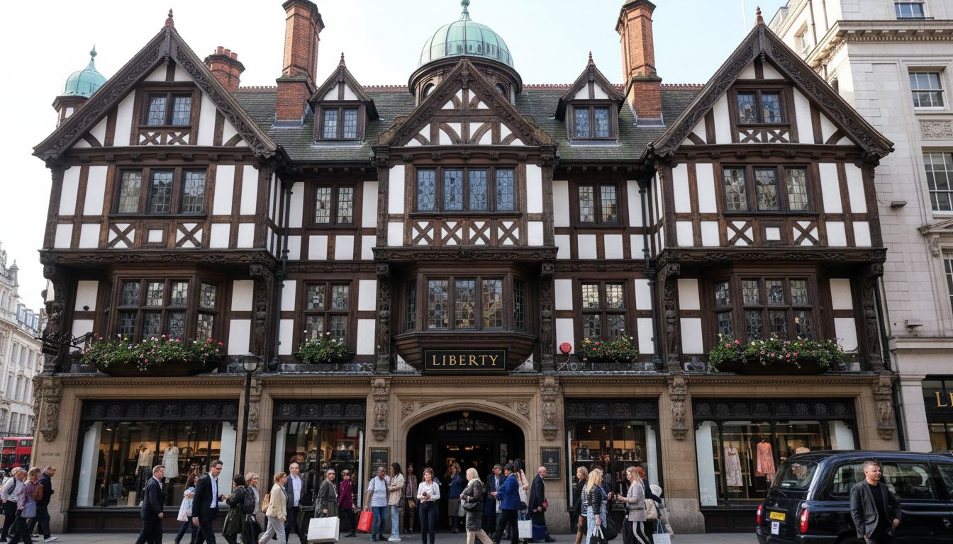 런던 소호 리버티 백화점의 독특한 튜더 양식 건축 외관과 쇼핑객들 모습