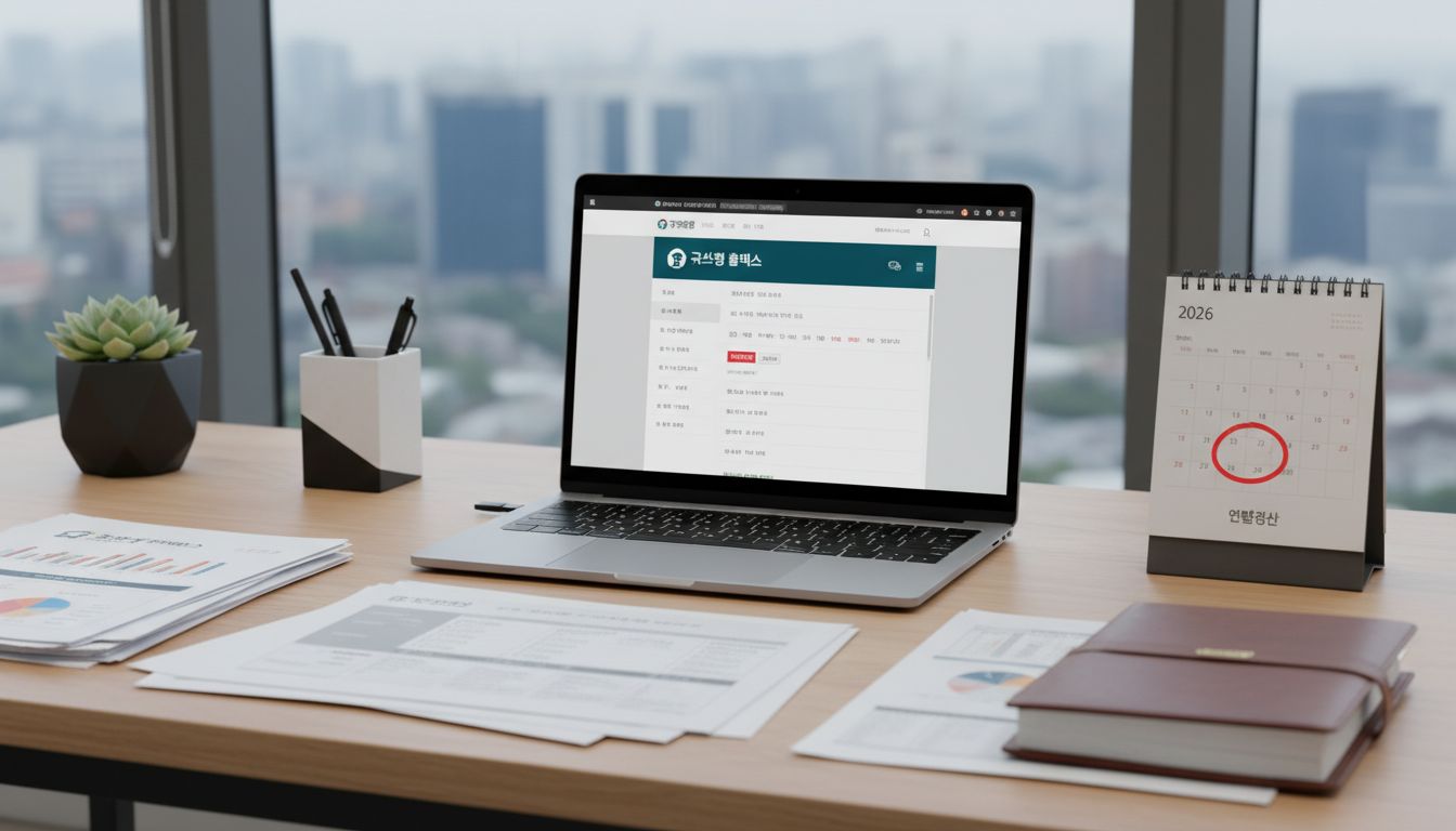2026년 연말정산 기간과 절차를 설명하는 홈택스 웹사이트가 보이는 사무실 책상 풍경