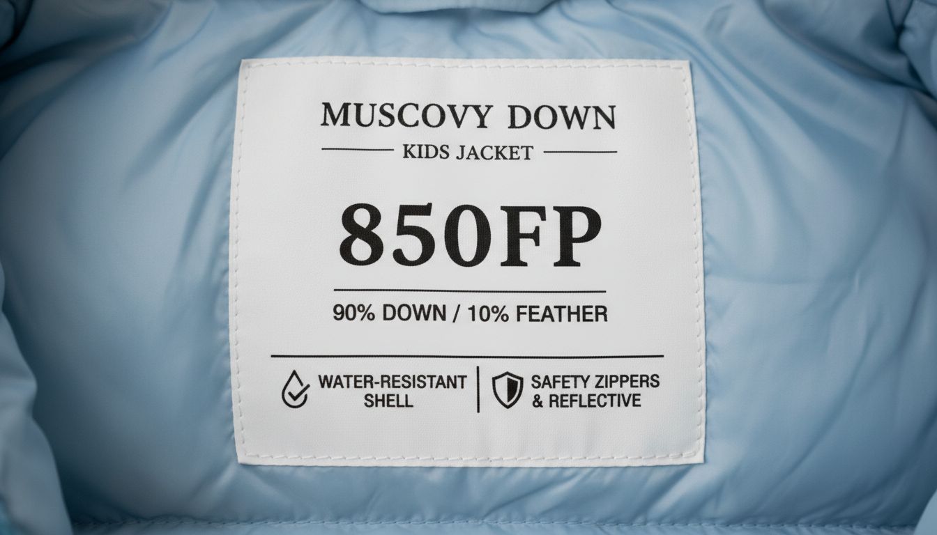 머스코비 다운 키즈패딩의 800FP 이상 필파워와 솜털 90% 이상 비율, 방수 및 안전 기능이 강조된 제품 태그 클로즈업 사진
