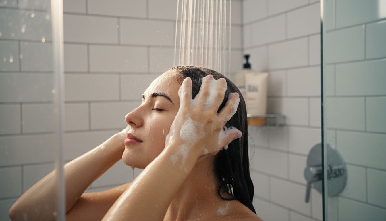 두피에 거품을 내어 부드럽게 샴푸하는 모습의 사진