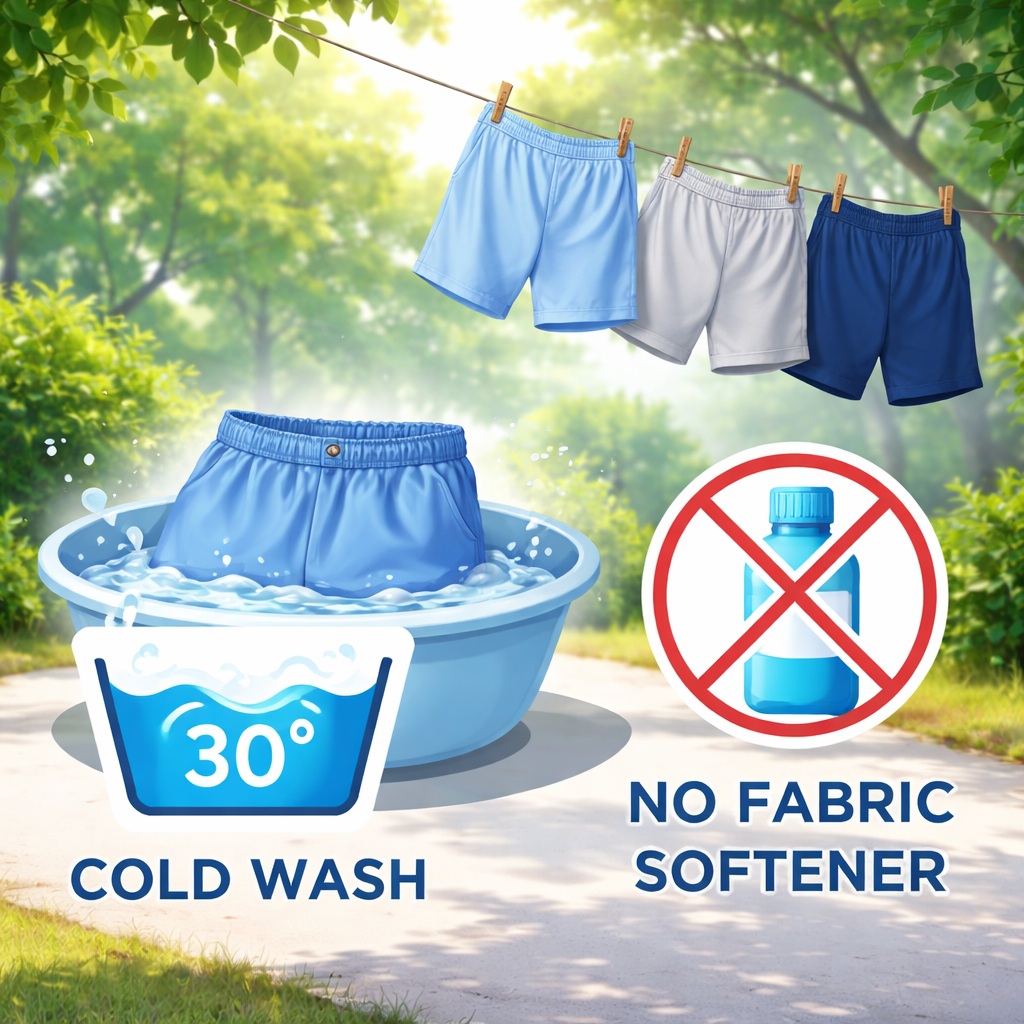 냉감 반바지의 올바른 세탁 및 관리법을 시각적으로 보여주는 이미지