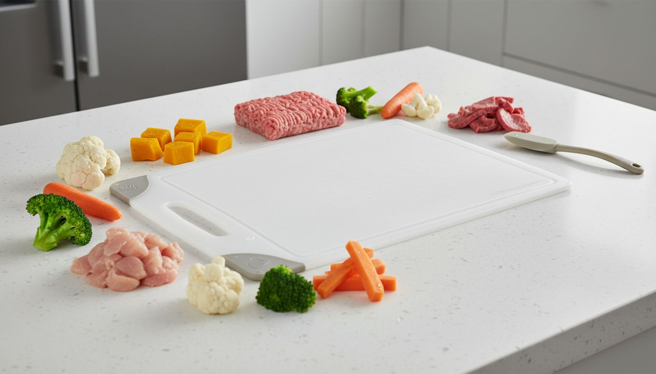 아기의 첫 이유식을 위한 의료용 TPU 소재 도마와 신선한 유기농 재료들이 놓여 있는 깨끗한 주방 풍경