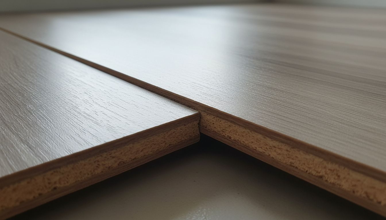 강화마루의 HDF 코어와 클릭 조립 방식, 긁힘에 강한 표면 코팅을 나타내는 이미지