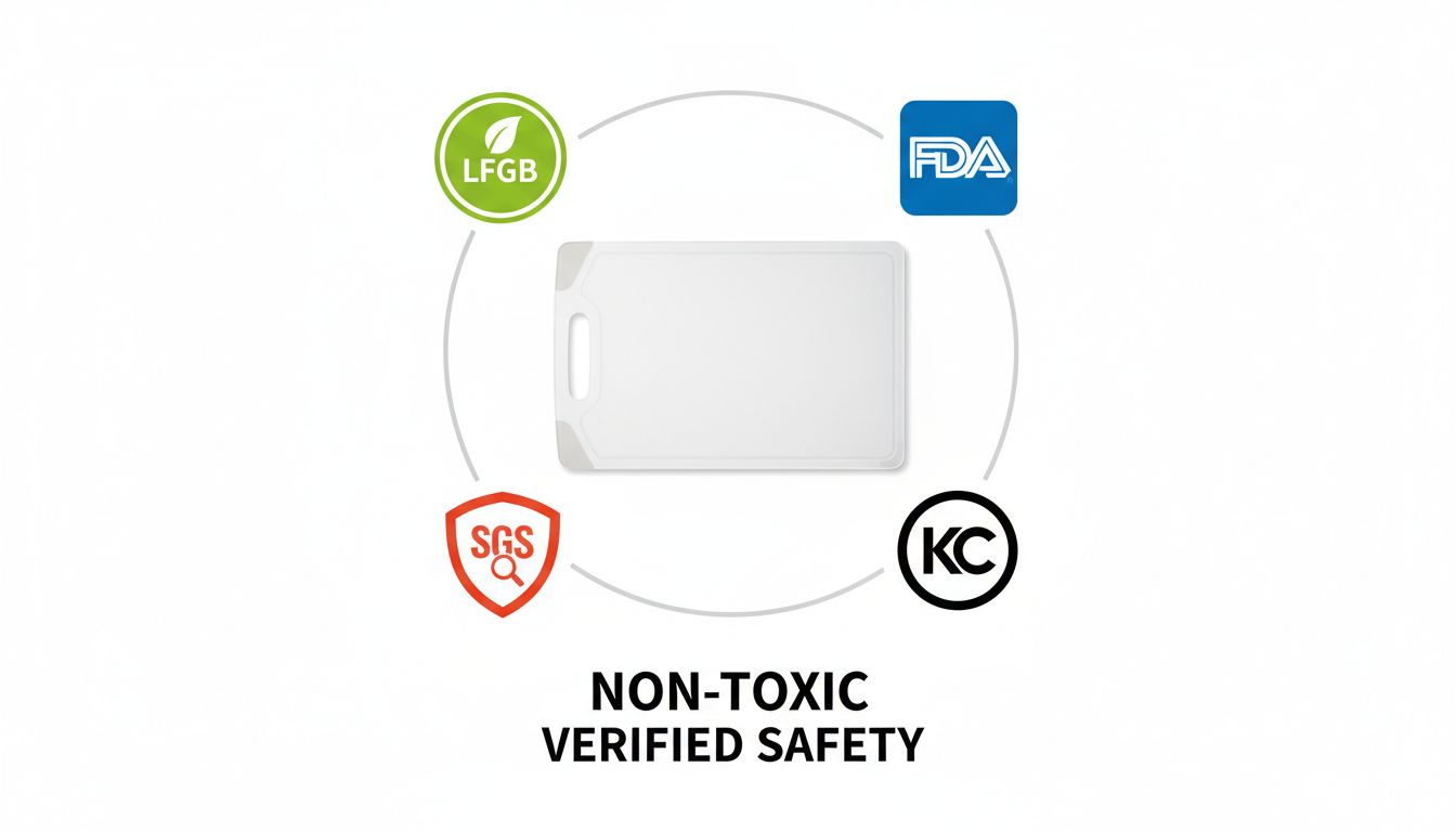TPU 도마의 무독성 인증 마크(LFGB, FDA, SGS, KC)와 안전성을 시각적으로 보여주는 인포그래픽 이미지