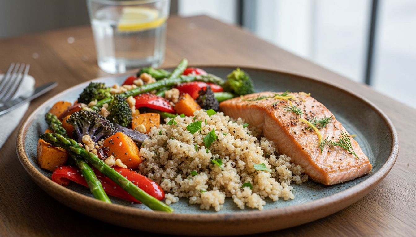 인슐린 저항성 관리를 위한 통곡물과 채소, 단백질이 포함된 균형 잡힌 식사 접시
