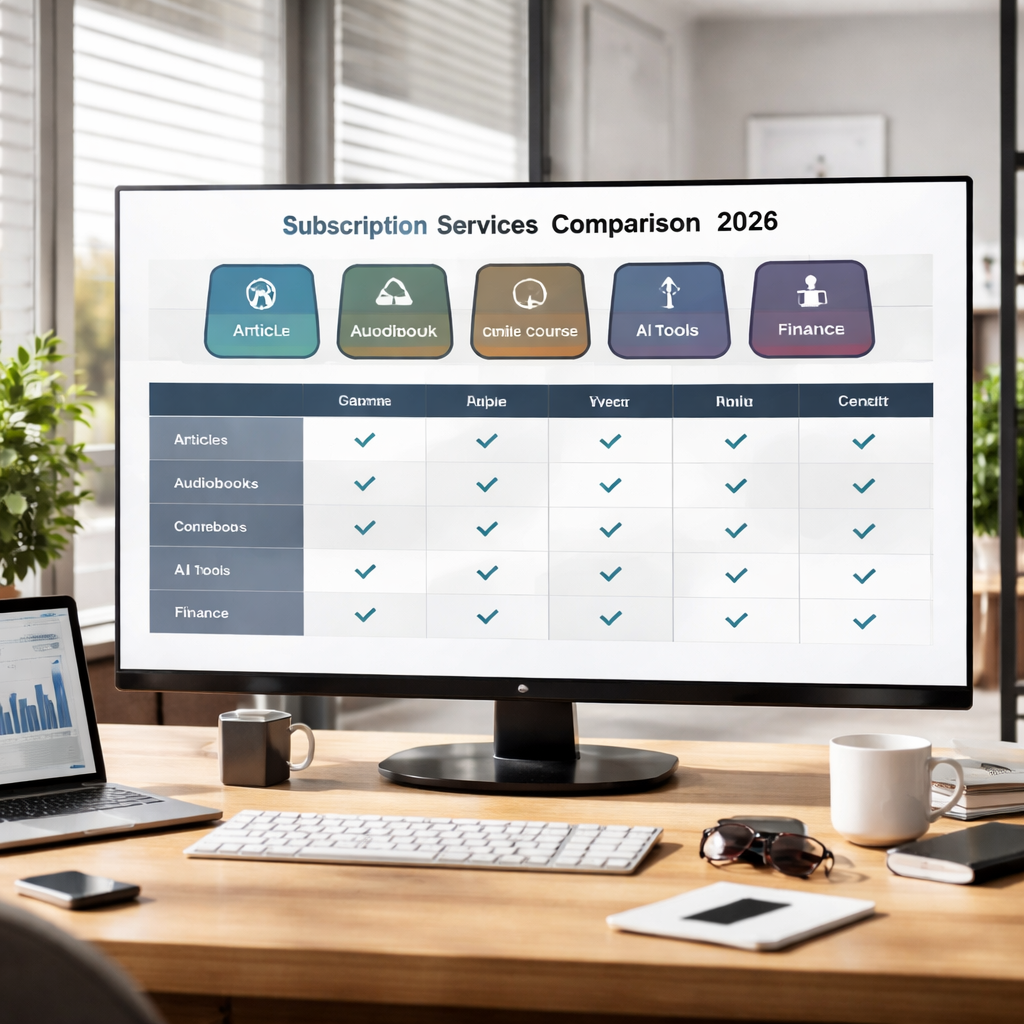 2026년 지식 콘텐츠 구독 서비스 비교 표가 보이는 현대적인 업무 공간과 다양한 카테고리를 상징하는 아이콘들이 있는 모습