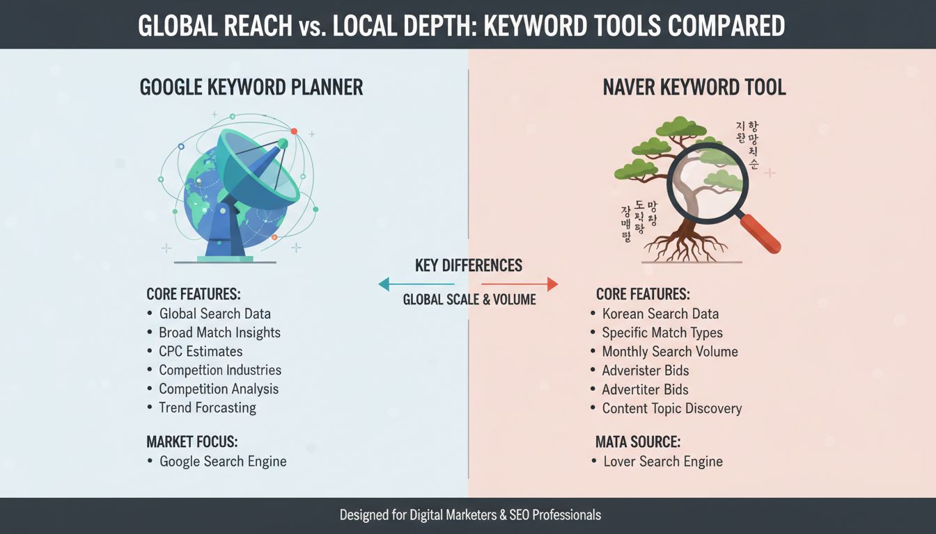 구글 키워드 플래너와 네이버 키워드 도구의 핵심 특징과 차이점을 시각적으로 보여주는 비교 인포그래픽