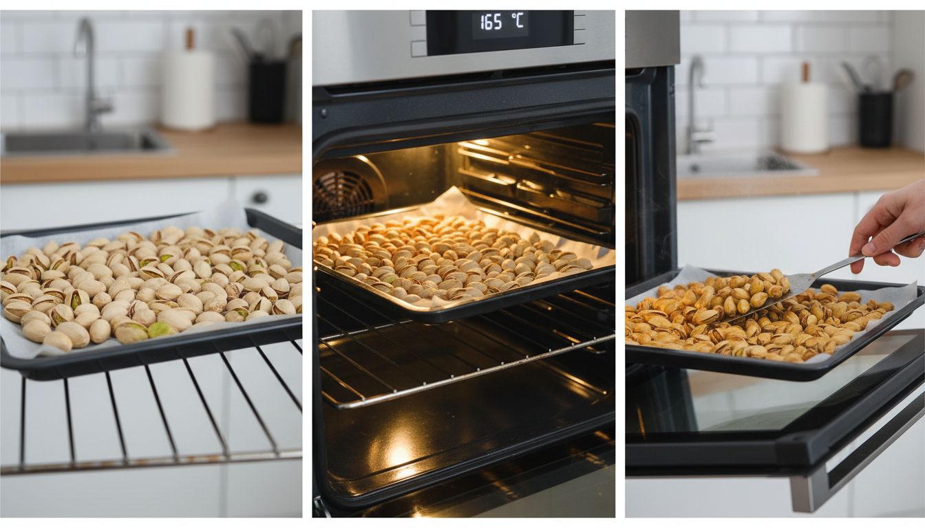 오븐에서 생 피스타치오를 노릇하게 볶는 과정과 주걱으로 저어주는 모습