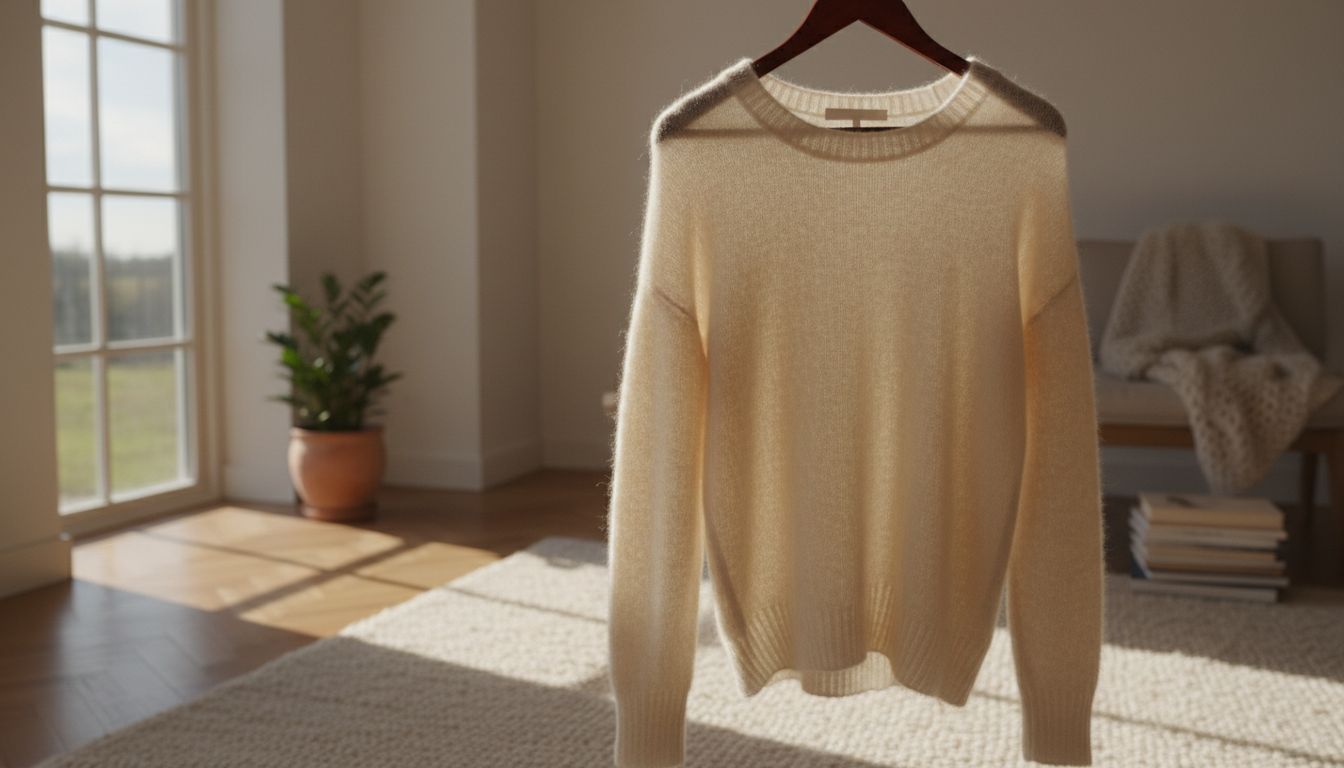 고급스럽고 부드러운 캐시미어 스웨터가 나무 옷걸이에 걸려 있는 모습