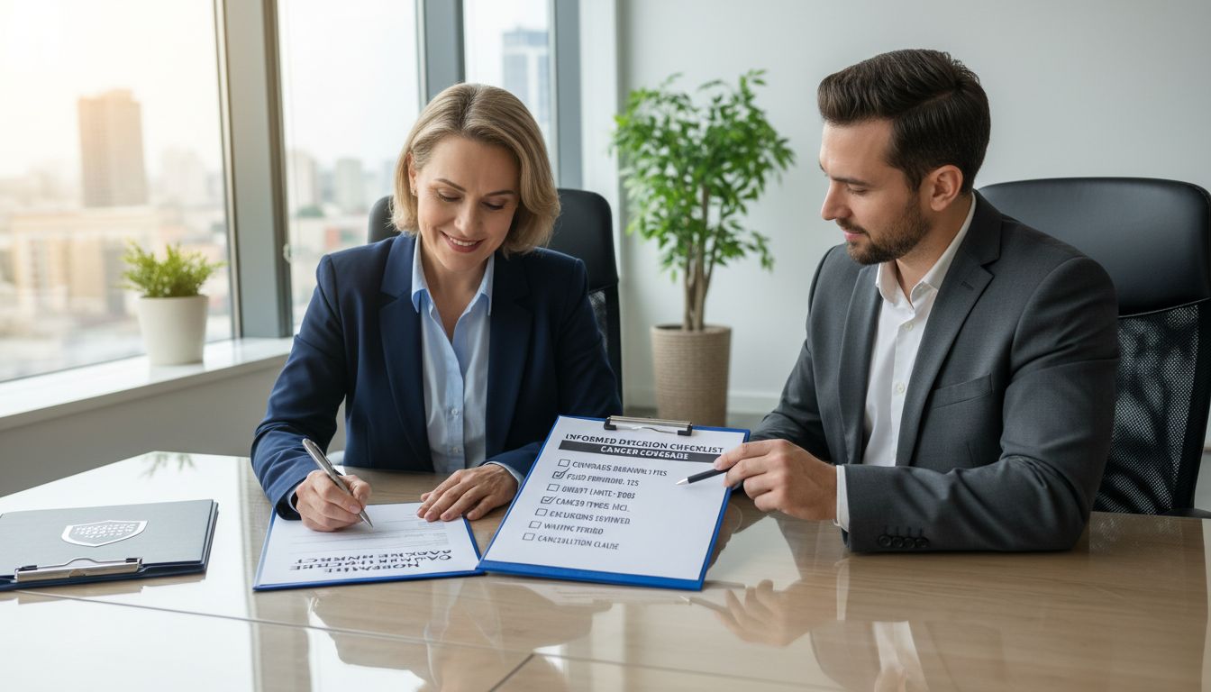 중년의 사람이 보험 설계사와 함께 암보험 계약서에 서명하며 현명한 선택을 하는 모습의 사진 이미지