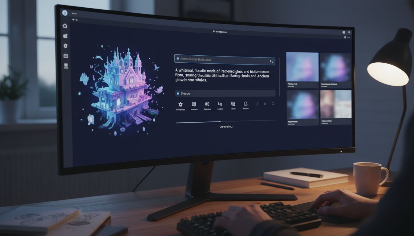 컴퓨터 화면에 이미지 생성 AI 인터페이스가 나타나 있고 이미지 프롬프트가 입력되고 있는 모습
