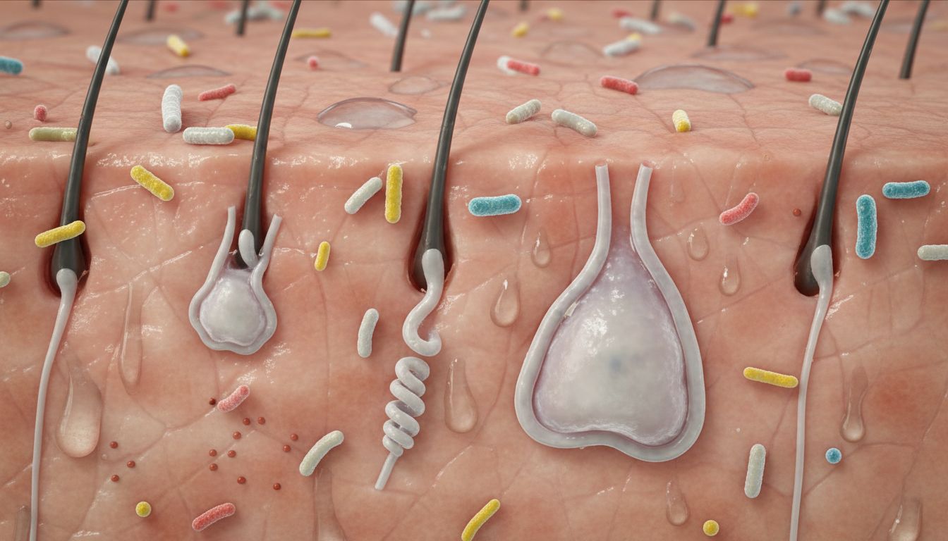 사람 피부 표면의 땀샘과 세균을 과학적으로 세밀하게 보여주는 고화질 이미지