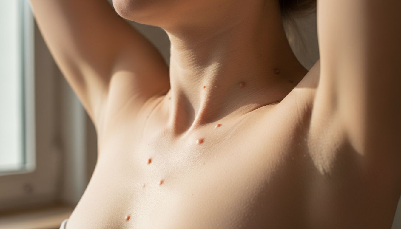 목과 겨드랑이 부위에 작은 쥐젖이 돋아난 모습의 클로즈업 사진