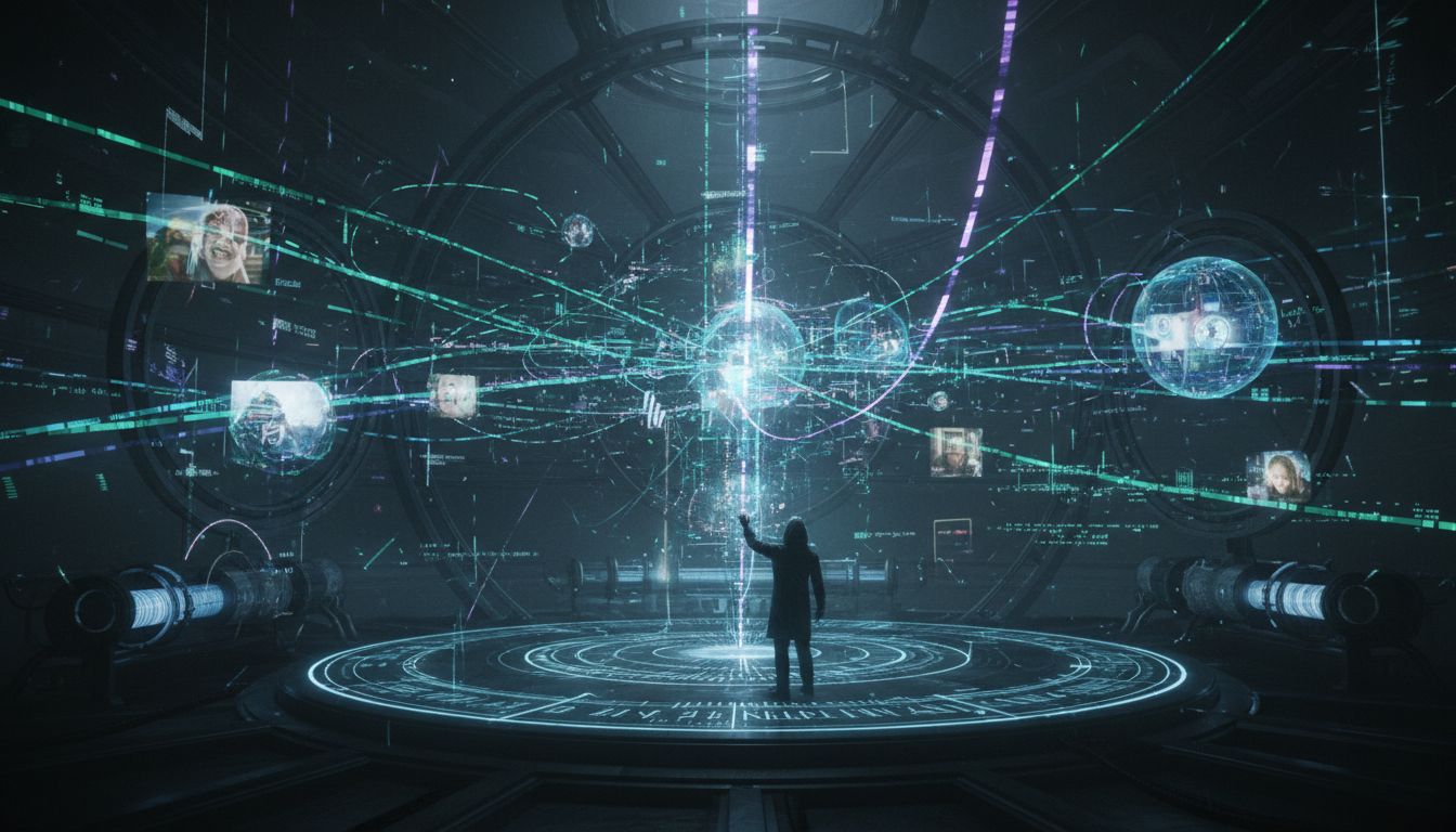 소설의 비선형적 플롯을 시각화한 기억의 조각과 과거 회상이 교차하는 이미지