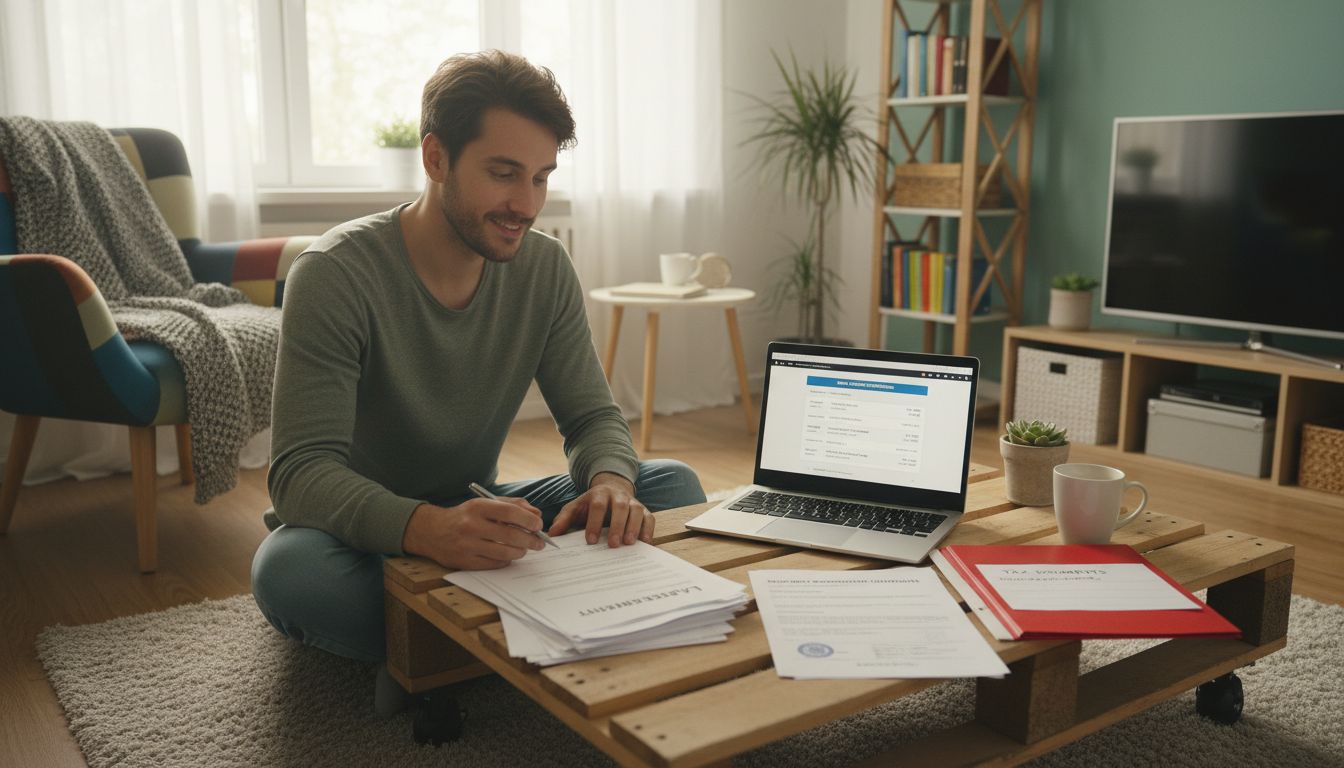 1인 가구 또는 사회초년생이 월세 세액공제를 위해 임대차 계약서와 주민등록등본을 준비하는 모습
