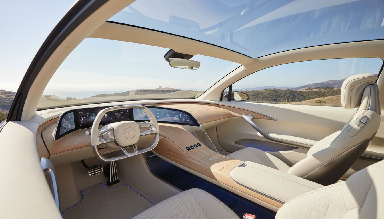 캘리포니아 햇살이 가득한 루시드 에어의 넓고 환한 글래스 캐노피 실내 모습