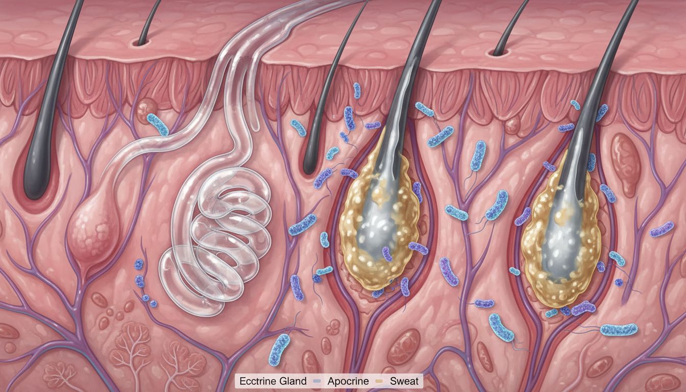 진한 땀샘과 피부 세균이 상호작용하는 모습을 과학적으로 표현한 겨드랑이 클로즈업 이미지