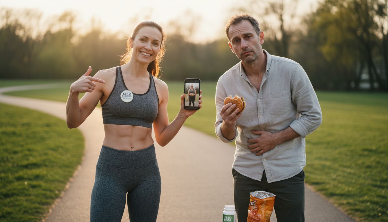 케톤 다이어트 성공과 실패 사례를 대비해 보여주는 건강하고 자신감 있는 사람과 지친 사람의 모습