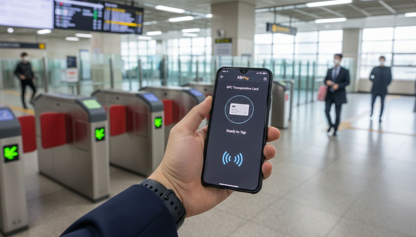 도시 출퇴근자가 지하철 개찰구에서 KB 페이 앱을 켜고 터치하는 모습