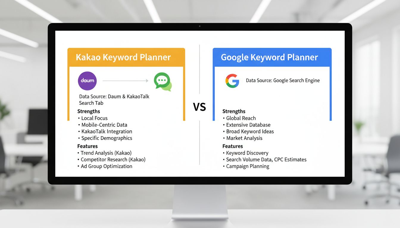 카카오 키워드 플래너와 구글 키워드 플래너의 주요 차이점을 비교하는 인포그래픽 화면