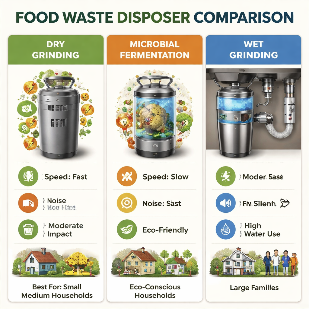 음식물처리기 세 가지 종류별 특징과 장단점을 비교하는 인포그래픽 이미지