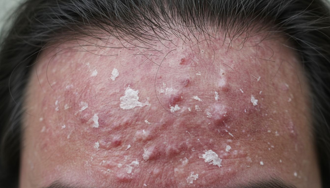 염증과 비듬이 있는 두피 클로즈업 사진