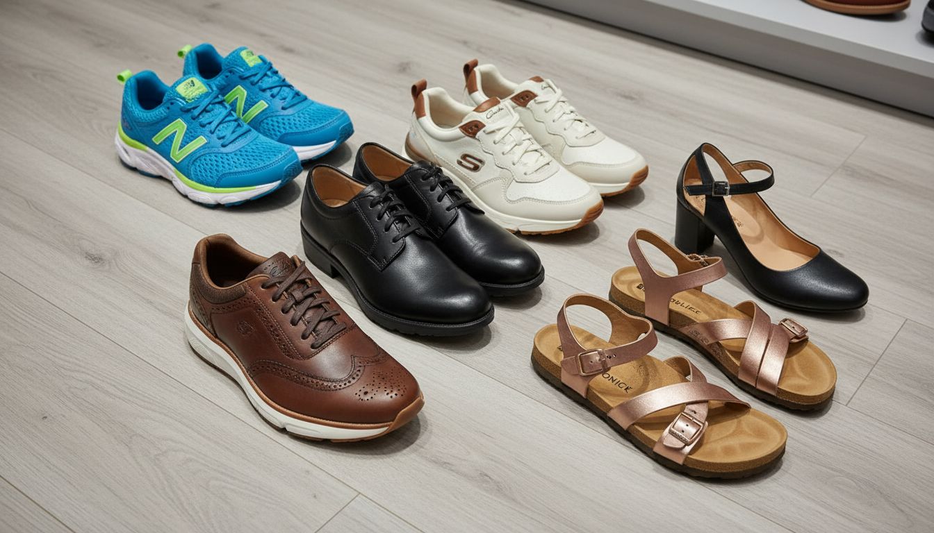 다양한 발볼 넓은 신발 종류를 보여주는 이미지, 런닝화, 캐주얼 스니커즈, 구두, 샌들 등 포함