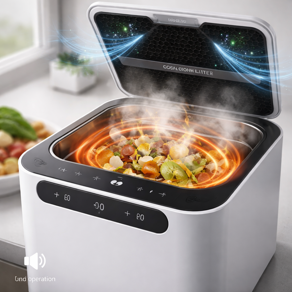 활성탄 필터가 장착된 건조 분쇄형 음식물 처리기 클로즈업 이미지, 고온 살균과 냄새 차단 기능 강조