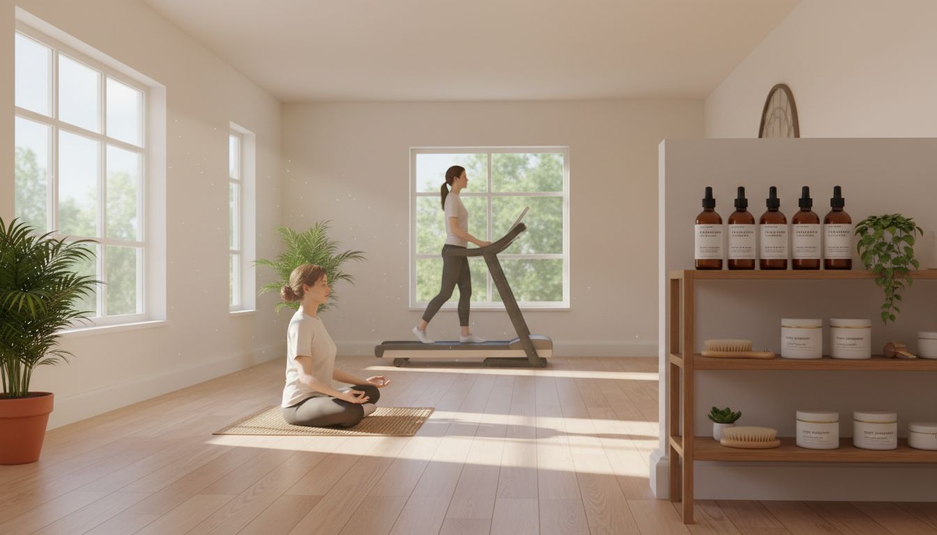 스트레스 관리와 건강한 두피 관리를 위한 명상과 산책하는 평화로운 모습