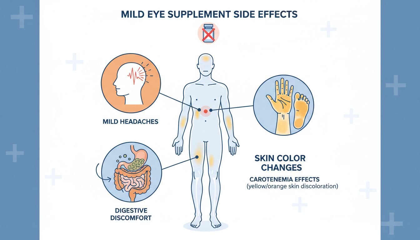 눈 영양제 복용 시 나타날 수 있는 소화기계 문제, 피부색 변화(카로틴혈증), 두통 등의 경미한 부작용을 표현한 의학적 일러스트