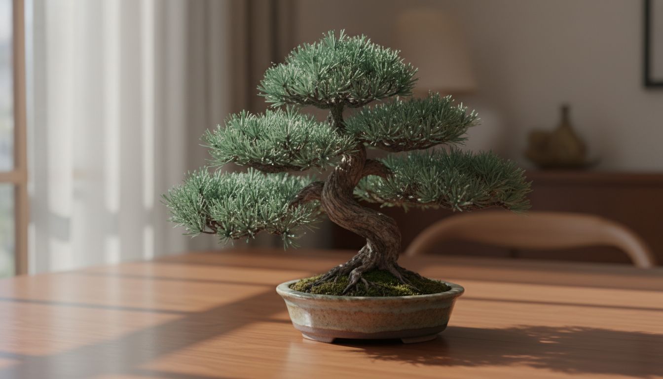 책상 위 창가에 놓인 사계절 푸른 청짜보 미니분재