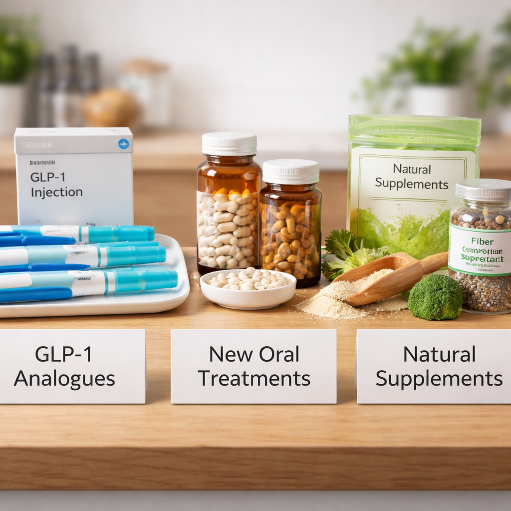 2026년 최신 위고비 대체 제품 세 가지 카테고리(주사제, 경구용 약, 건강기능식품)를 보여주는 이미지