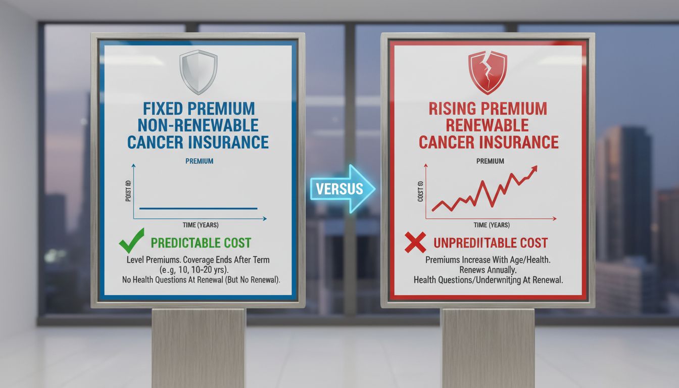 비갱신형 암보험과 갱신형 암보험의 보험료 변동 차이를 나타내는 이미지