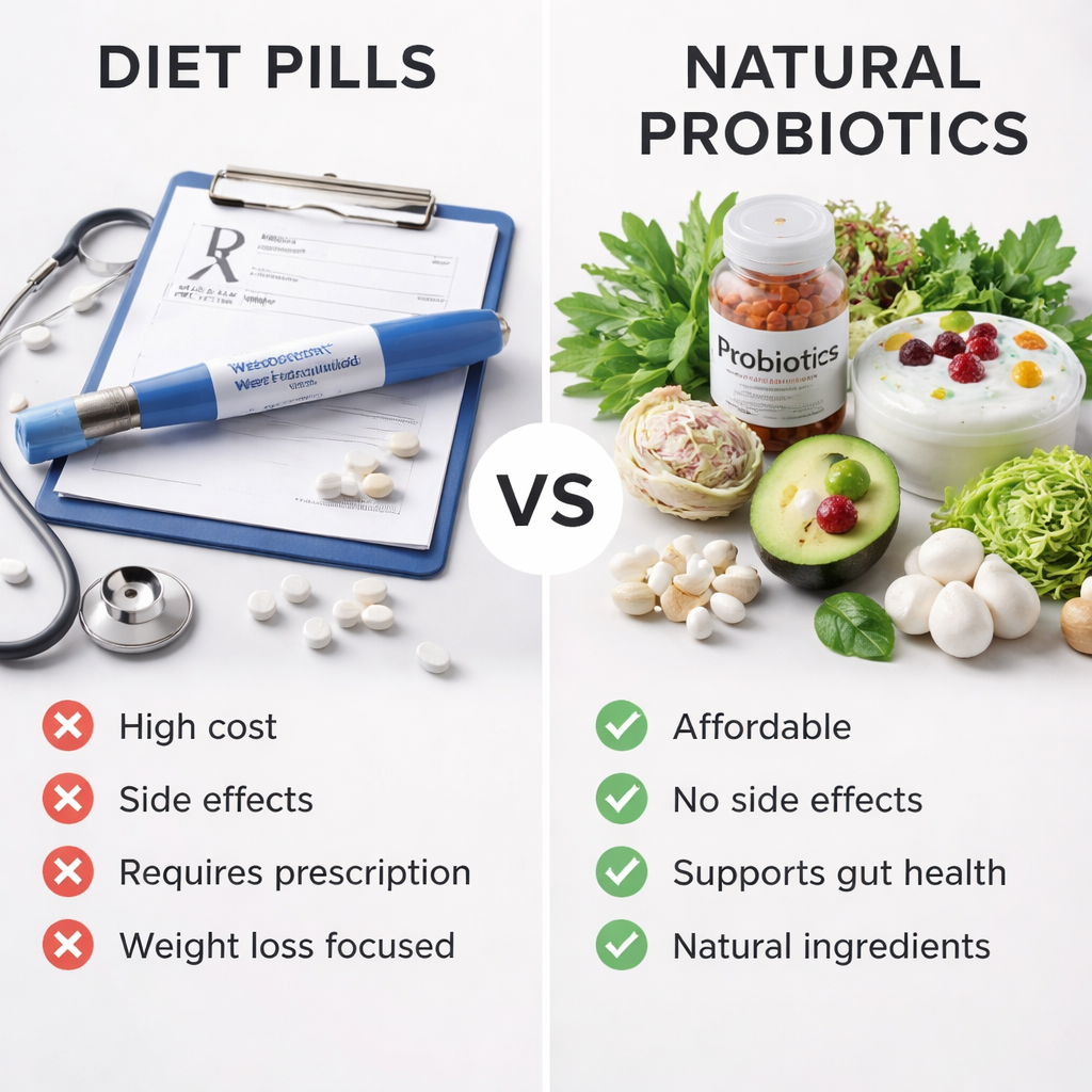 위고비 전문 약과 자연 유산균 보충제의 비교를 보여주는 이미지, 안전하고 건강한 라이프스타일을 강조함