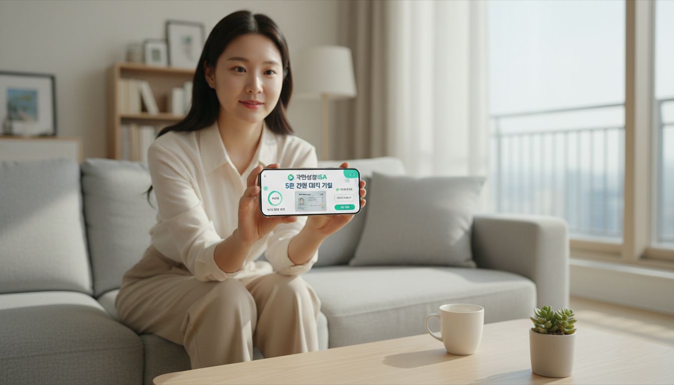 스마트폰으로 국민성장ISA 비대면 가입 절차를 진행하는 젊은 한국인 모습과 신분증 인증과정을 보여주는 이미지